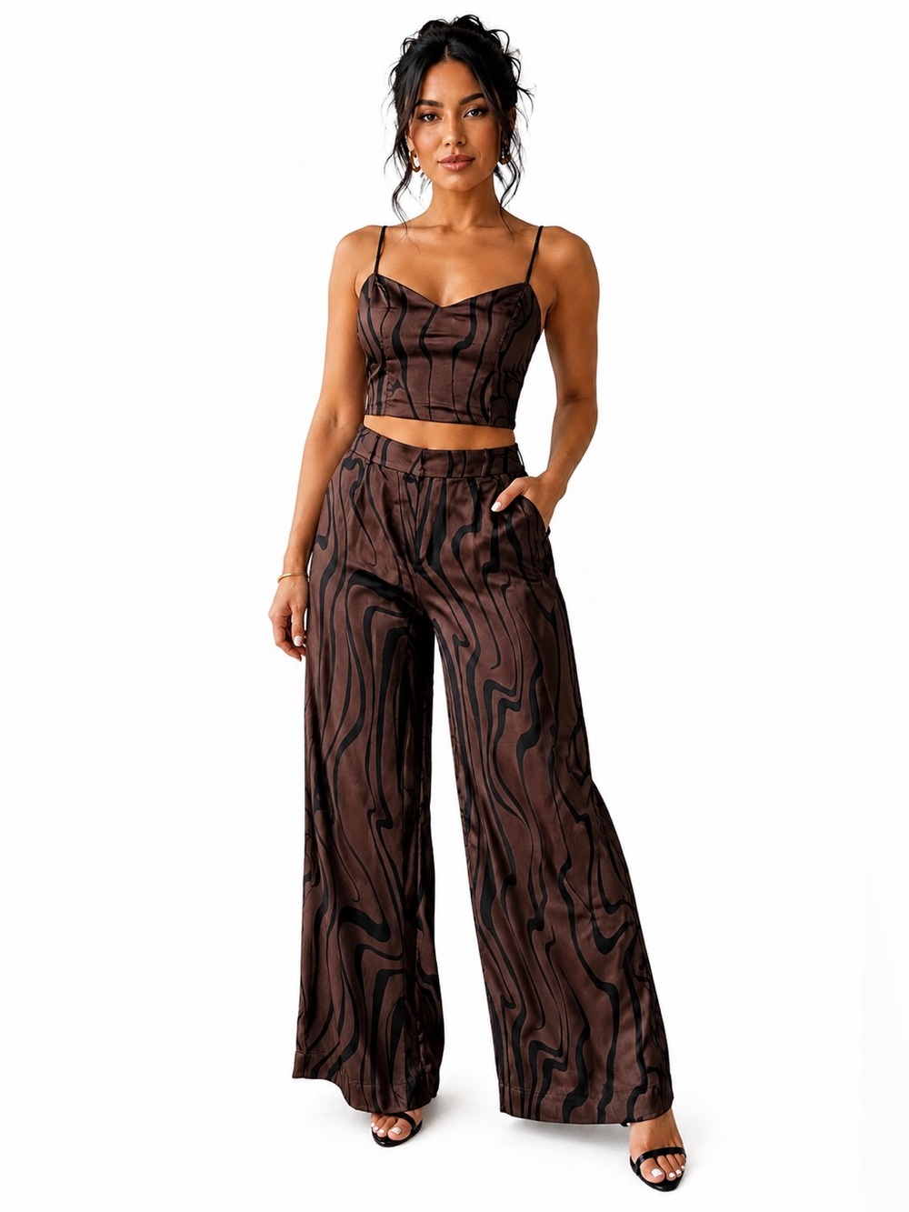 House Of Harlow 2 Piece Outfit Size M Brown Black Satin Crop Top Wide Leg Pants